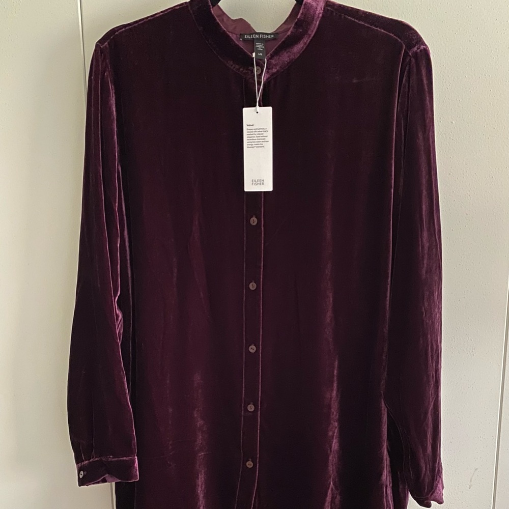 Eileen Fisher Velvet Mandarin Collar Button Down Shirt in Sweet Plum Size L NWT
